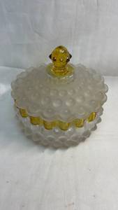 lot 35 image: Glass Covered Dish with Yellow Finial and Gold-Trimmed Handles