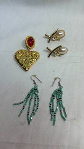 lot 45 image: Jewelry Lot 2 Pair Earrings, 1 Heart Pendant Earring