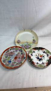 lot 48 image: 3 Hand-Painted Decorative Plates with Floral and Landscape Motifs