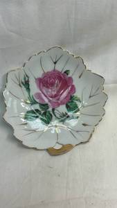 lot 52 image: Hand Decorated Porcelain Dish with Pink Rose and Gold Trim Japan