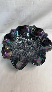 lot 53 image: Iridescent Black Glass Sculptural Bowl with Floral Relief Design