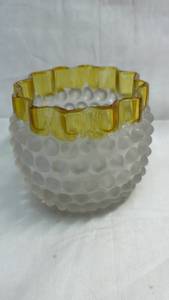 lot 68 image: Glass Votive Candle Holder Yellow Rim Hobnail Pattern