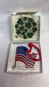 lot 87 image: Peggy Karr Glass Ornament Set 2 Fused Glass Four-Leaf Clover American Flag
