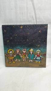lot 106 image: Painted Folk Art Tile with Five Figures and Starry Sky