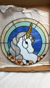 lot 115 image: Stained Glass Circular Panel Unicorn Head Design