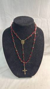 lot 138 image: Religious Rosary Necklace Red Beads Gold-Tone Cross Medal