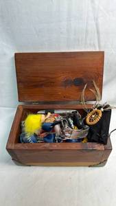 lot 180 image: Wooden Box Lot with Keychains, Lanyards, Troll Doll and Accessories