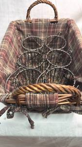 lot 195 image: Wicker Handle Basket with Wire Egg Cups and Plaid Fabric Liner