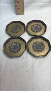 lot 200 image: Set of 4 Octagonal Decorative Brass Plates with Blue and Gold Enamel Design