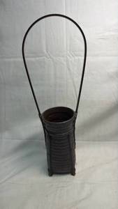 lot 230 image: Dark Brown Metal Woven-Texture Vase with Arched Handle approx 14in Tall