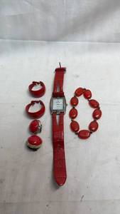 lot 268 image: Premier Designs Quartz Watch Red Leather Strap with Red Bead Bracelet Set