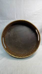 lot 272 image: Round Serving Tray with Handles Hammered Brass Rim