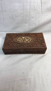 lot 280 image: Carved Wood Box with Inlaid Floral Medallion and Writing Set