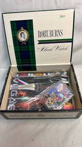 lot 281 image: Robt. Burns Black Watch Cigar Box with Las Vegas Souvenir Items