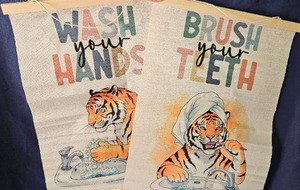 lot 132 image: Wash Your Hands Brush Your Teeth Tiger Canvas Wall Art Print Set&nbsp