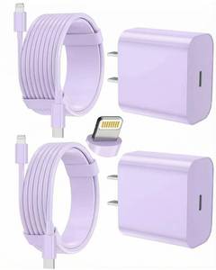 lot 36 image: ONLY ONE BLOCK FEEL2NICE iPhone Charger Fast Charging 2 Pack Type C Wall Charger Block with 2 Pack 6FT&10FT Long USB C to Lightning Cable for iPhone 14131212 Pro Max11Xs MaxXRX,AirPods Pro,Purple - Retail $12