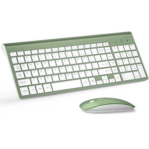 lot 47 image: Wireless Keyboard and Mouse Ultra Slim Combo, TopMate 2.4G Silent Compact USB 2400DPI Mouse and Scissor Switch Keyboard Set with Cover, Batteries Included, for PCLaptopWindowsMac - Green White - Retail $35