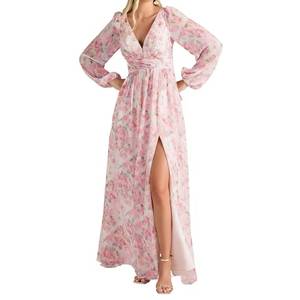 lot 57 image: Elegant Printed Lantern Sleeves Dresses with Slit for Women V Neck Chiffon Pleated Formal Party Evening Gowns (ZO001-Pink -S - Retail $29