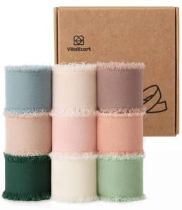 lot 72 image: Vitalizart 1 x 27 Yd Chiffon Silk Ribbon Mixed Color Ribbons Set 3 Yd x 9 Rolls Fringe Fabric for Wedding Invitations Bridal Bouquets Party Decoration Gift Wrapping Bow Making - Retail $11