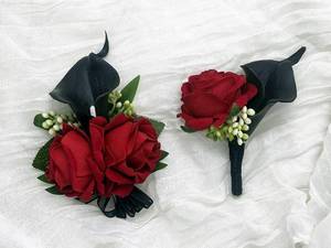 lot 74 image: DESUNESS Red Rose Wrist Corsage Wristlet Band Bracelet and Men Boutonniere Set with Black Calla Lily for Wedding Flower Accessories Prom Suit Decorations - Retail $14