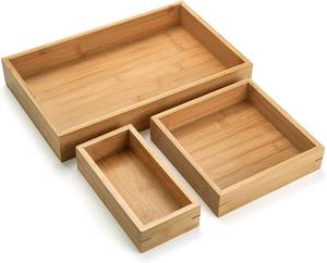 lot 805 image: 3 Pcs Bamboo Bathroom Tray, Flat Wood Basket Tray, Wooden Shallow Storage Basket, Bamboo Organizer for Bathroom, Living Room, Kitchen Countertop - Retail $26