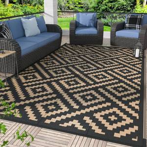 lot 806 image: GENIMO 5x8Outdoor Rug Waterproof, Reversible Mats, Area Rug, Plastic Outside Carpet, Geometric Rv Mat for Patio Camping Rv Picnic Backyard Deck Balcony Porch Beach Trailer (Black & Brown) - Retail $40