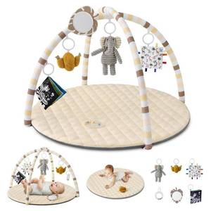 lot 808 image: Blissful Diary Baby Play Gym Mat, Tummy Time Activity Mat with 6 Detachable Toys for Stage-Based Sensory & Motor Skill Development, Easy to Install & Clean, Baby Essentials Gift, Sandy Beige - Retail $45