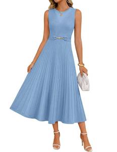 lot 825 image: ZESICA Womens Spring Sleeveless Midi Sweater Dress 2026 Summer Casual Pleated A Line Flowy Knit Long Dresses with Belt Blue Medium - Retail $41
