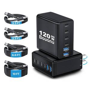 lot 832 image: 2 Pack USB C Charger Block with 4 USB Cables 120W GaN Type C Charger Fast Charging Block 6 Port Foldable for iPhone 1716 Series, Pixel, iPad, Samsung Galaxy Series (Black) - Retail $36