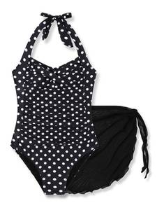lot 835 image: Size 16 17Y Teen Girls Swimsuit Halter Neck One Piece with Solid Color Cover Up Skirt Hawaiian Bathing Suit Swimwear Set Black(16-17Y) - Retail $30
