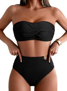 lot 842 image: Pink Queen Womens High Waisted Bikini Sets Swimsuits Two Piece Strapless Bandeau Bathing Suits Swimwear Black L - Retail $17