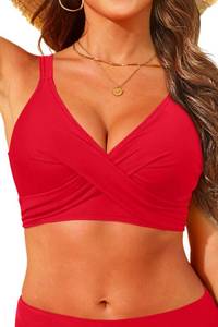 lot 850 image: Women Bikini Top Only - Push Up Large Bust Swimsuit Top 2025 Twist Front Bathing Suit Red L - Retail $25