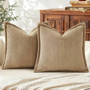lot 854 image: Mecatny Corduroy Summer Throw Pillow Covers 22x22 Set of 2, Neutral Decorative Soft Boho Couch Pillow Covers with Broadside for Sofa Living Room, Khaki - Retail $24