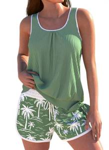 lot 856 image: ROSEWE Modest Tankini Swimsuits for Women, Two Piece Athletic Womens Bathing Suits Blouson Tank Tops with Board Shorts Green XL - Retail $40