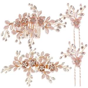 lot 859 image: 4 Pieces Bridal Rose Gold Hair Accessories for Brides and Bridesmaids Rhinestone Hair Pins Crystal Flower Barrette Wedding Combs with Leaves - Retail $23