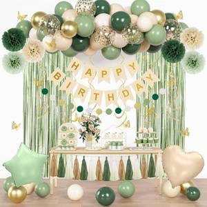 lot 882 image: Sage Green Birthday Party Decorations for Women Girls, Green Olive Gold Sand White Confetti Foil Balloons Happy Birthday Banner Fringe Curtain Hanging Swirls Circle Dots Tassels Pompoms Party Supplies - Retail $17