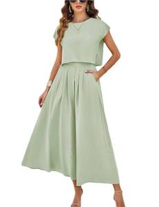 lot 889 image: HangNiFang Summer Skirt Sets Women 2 Piece Outfits Cap Sleeve Top Elastic Waist Maxi Dress Sets with Pockets(1218-LightGreenX1-L) - Retail $40