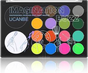 lot 927 image: UCANBE Face Body Paint 18 Colors, Water Based Face Painting Kit with Large White Black & Neon Glow UV Facepaint SFX Makeup Palette for Halloween Party Costume Cosplay & Stage Art Make Up - Retail $15