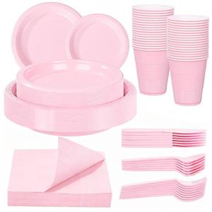lot 929 image: WELLIFE 210 PCS Pink Plastic Plates for 30 Guests - Disposable Dinnerware Set Including Dinner Plates, Dessert Plates, 12oz Cups, Cutlery & Napkins, Pink Party Plates - Retail $30