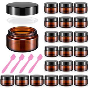 lot 932 image: Honeydak 24 Pack 0.7oz Amber Glass Jars with Lids Airtight Cosmetic Containers Reusable Empty Tiny Cosmetic Jars for Lip Balm Lotion Cream Sample Wax Salve Ointments Travel Size Light-blocking - Retail $19