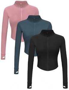 lot 933 image: Dalavch 3 Pack Womens Cropped Full Zip up Workout Jacket Slim Fit Running Athletic Gym Yoga Sports Jacket with Thumb Holes 1 Black 1 Pink 1 Blue Small - Retail $33