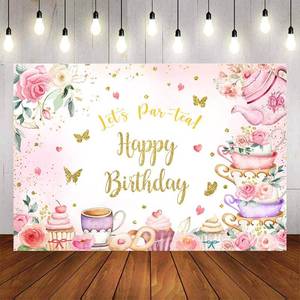 lot 938 image: Aumeko Tea Party Birthday Backdrop, Girl Par-Tea Pink Gold Whimsical Theme, Spring Garden Party Photo Booth Background Decorations (7x5ft) - Retail $17