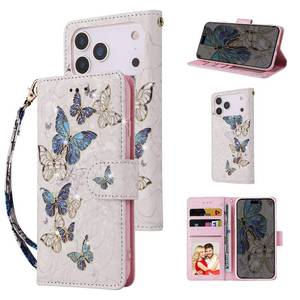 lot 941 image: UEEBAI Wallet Case for iPhone 17 Pro Max, Leather Phone Cover Kickstand RFID Blocking Flip Case Card Slots Wrist Strap Relief Engraved Pattern Magnetic Closure Flower Folio Wallet, Blue Butterfly - Retail $18