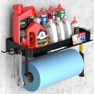 lot 947 image: SUNTECH Garage Paper Towel Holder with Shelf, One Hand Tear, 12 inch Shop Paper Towel Holder, Paper Towel Holder Wall Mount with 2 Detachable Hooks for Garage and Tool Room (Black) - Retail $30