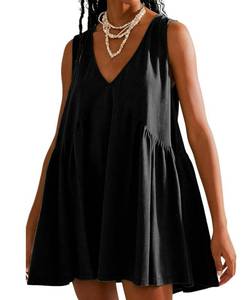 lot 961 image: OPCAKM Womens V Neck Sleeveless Mini Dress Loose Summer Pleated Swing Flowy Sundress(Black-XL) - Retail $25