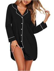 lot 969 image: Ekouaer Womens Nightgown Long Sleeve Nightshirt Button Down Sleepshirt Boyfriend Sleepwear Pajama Dress Black L - Retail $1,352