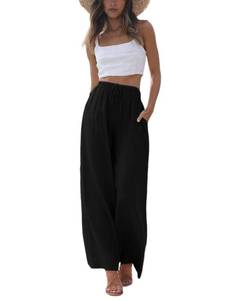 lot 981 image: Faleave Womens Cotton Linen Summer Palazzo Pants Flowy Wide Leg Beach Trousers with Pockets(Black-L) - Retail $33