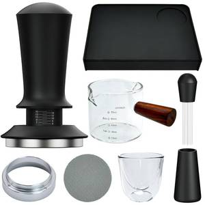 lot 991 image: 7 Pcs 58mm Espresso Accessories Kit, Spring Loaded Calibrated Tamper, WDT Tool, Coffee Measuring & Espresso Cup and Tamper Mat, Puck Screenr & Dosing Funnel, Fit 58mm Espresso Machine Accessories - Retail $36