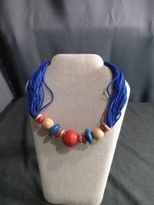 lot 6310 image: Beaded Necklace Blue Cord Red Ball Wood Beads Gold Accents