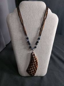 lot 6336 image: Beaded Pendant Necklace with Patterned Drop and Braided Cord